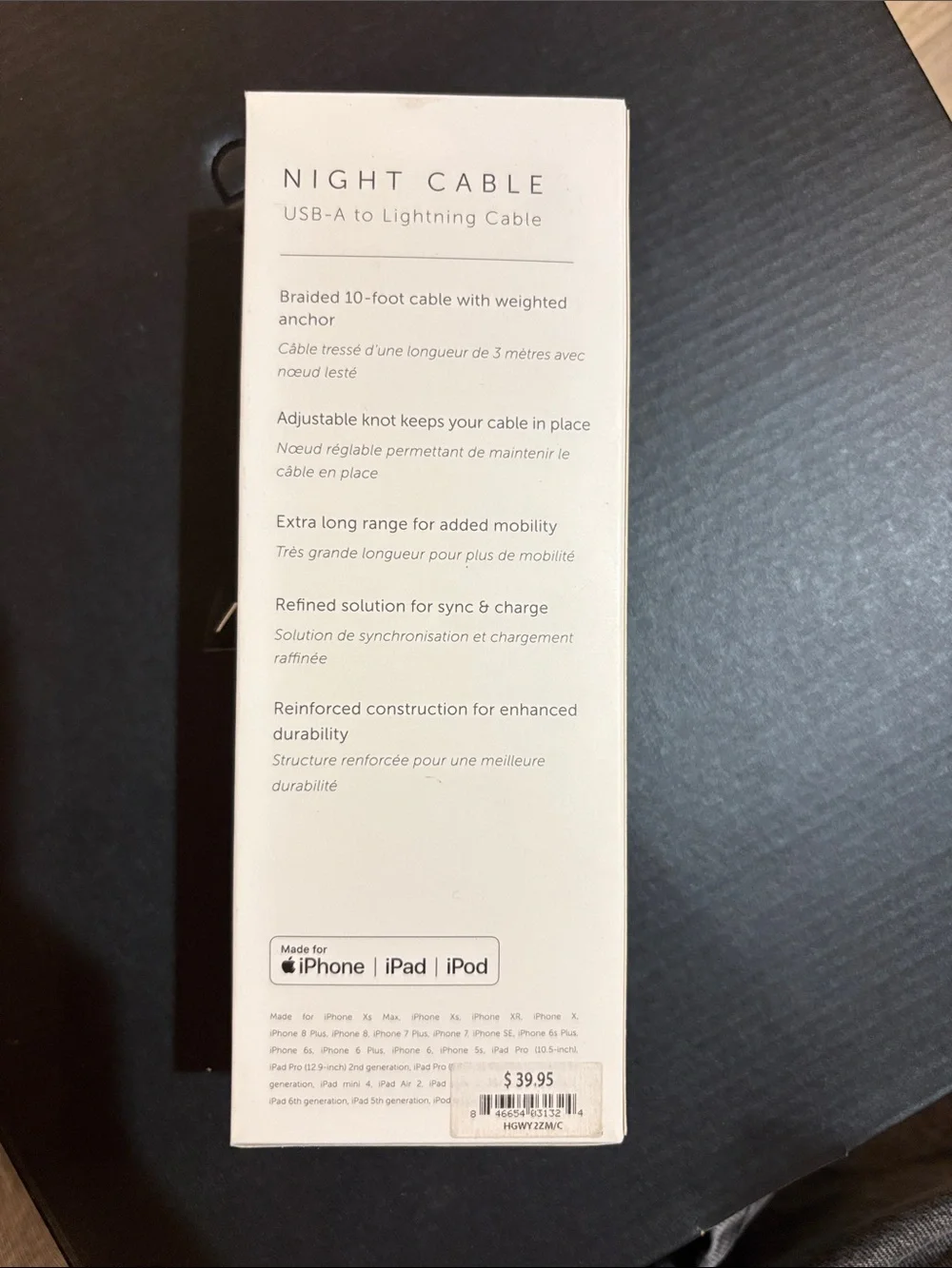 Night Cable 10ft Lightning to USB-A - Black & White